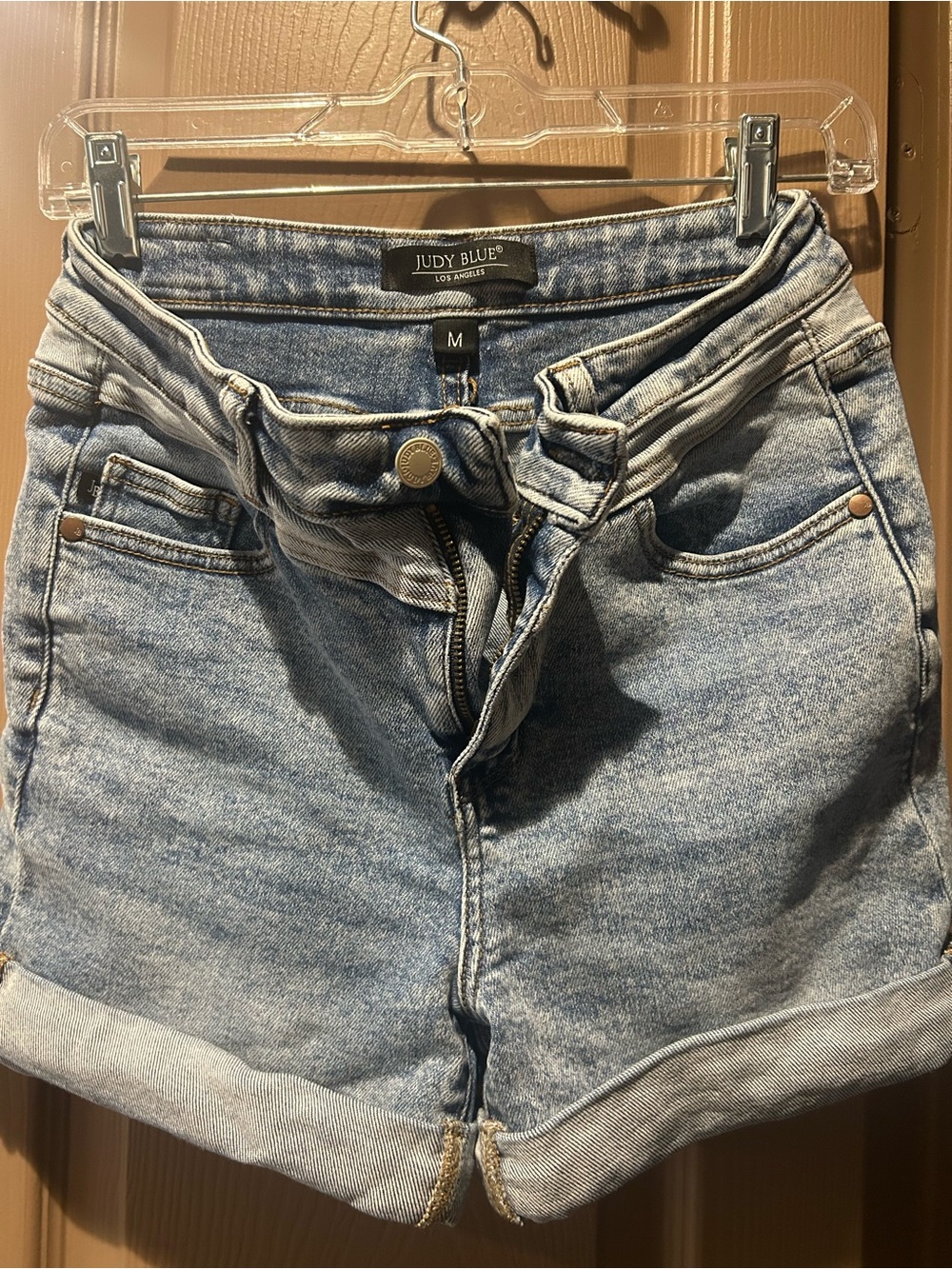 Judy Blue Medium Light Wash High-Rise Rolled Hem Jean Shorts - Blue